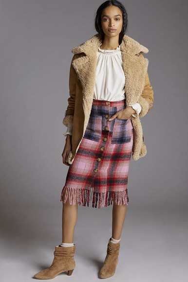 NEW Anthropologie Maeve Fringed Pink Blue Plaid Button Mini Skirt - 2 - Picture 1 of 9